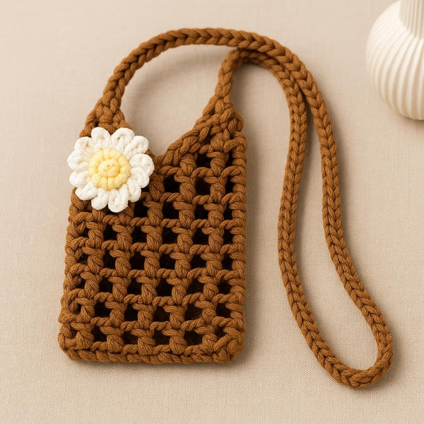 Crochet Phone Pouch with Daisy Applique - Crossbody Bag (PDF Pattern)