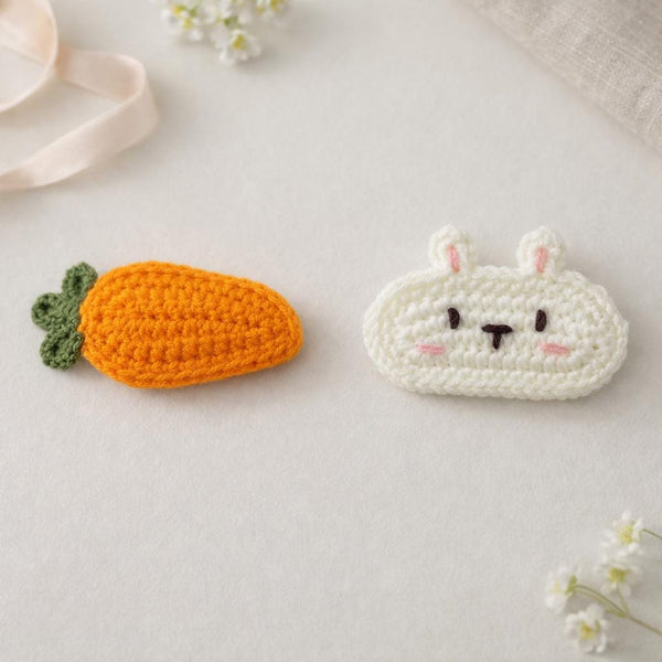 Bunny & Carrot Hair Clip Set : Crochet Appliqué PDF Pattern + Ribbon-Covered Snap Clip (Digital Download)