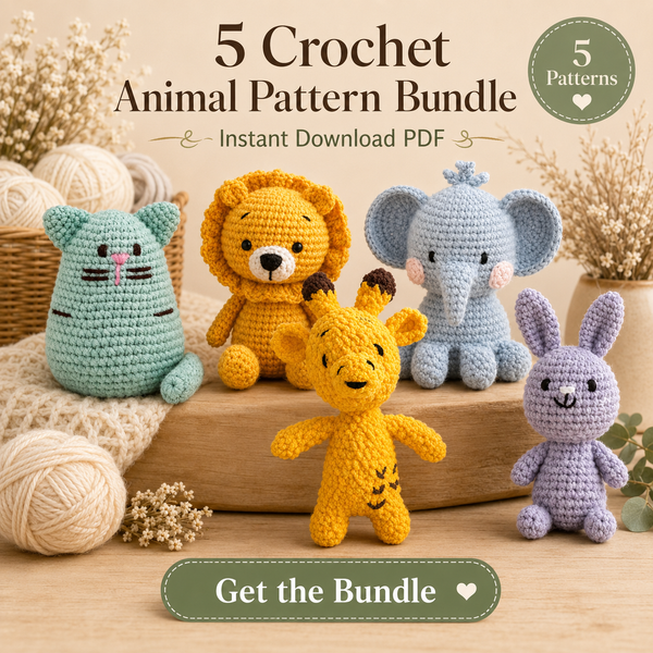 Amigurumi Animal Crochet Pattern Set of 5: Cat, Bunny, Lion, Elephant & Giraffe PDF Bundle