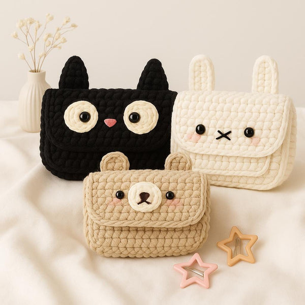 Crochet Animal Pouch Pattern: Bear, Cat, Bunny (PDF Tutorial)
