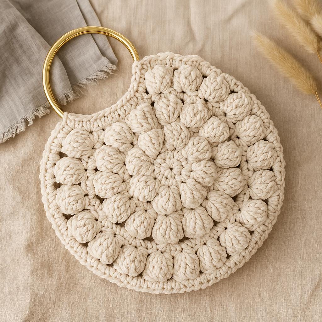 Crochet Popcorn Stitch Handbag Pattern: Round Bag PDF (20cm, 5.5mm Hook)
