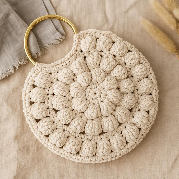 Crochet Popcorn Stitch Handbag Pattern: Round Bag PDF (20cm, 5.5mm Hook)