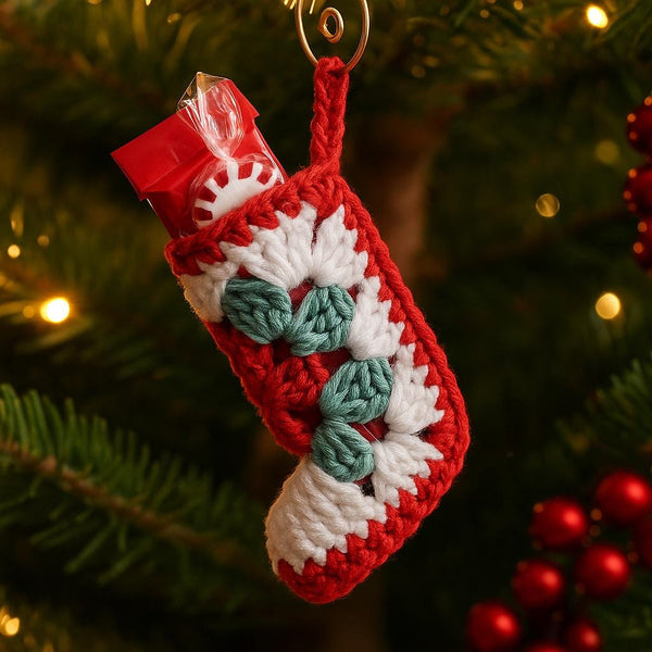 Crochet Mini Granny Square Christmas Stocking Ornament PDF Pattern - Beginner