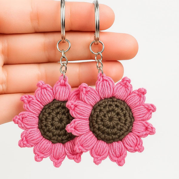 Crochet Sunflower Keychain Pattern – Puff Petal Flower Keyring (PDF Pattern)