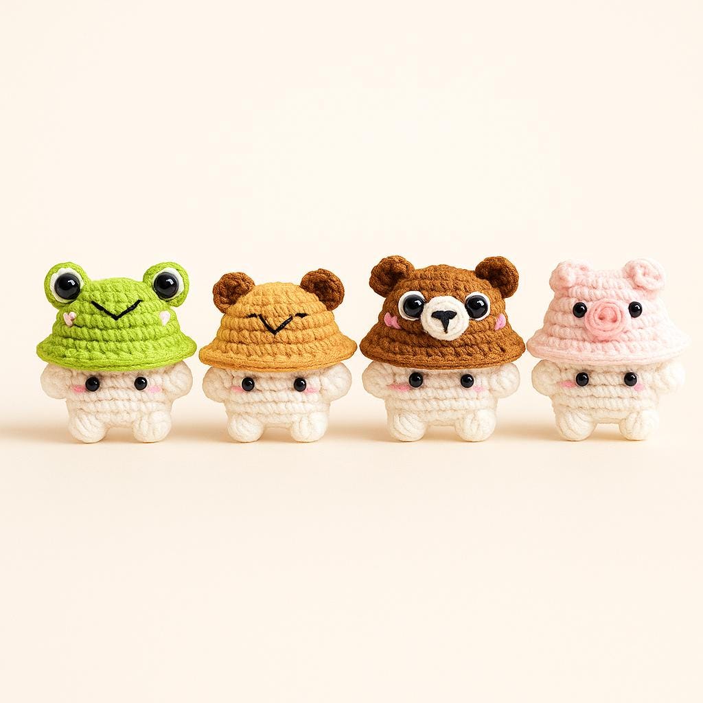 Crochet Mushroom Character Pattern: Frog, Capybara, Bear, Pig Hats (PDF)