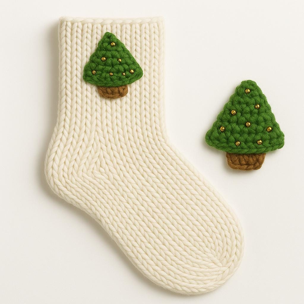 Christmas Sparkly Tree Appliqué Crochet House Socks Pattern PDF : One-Piece, Reversible
