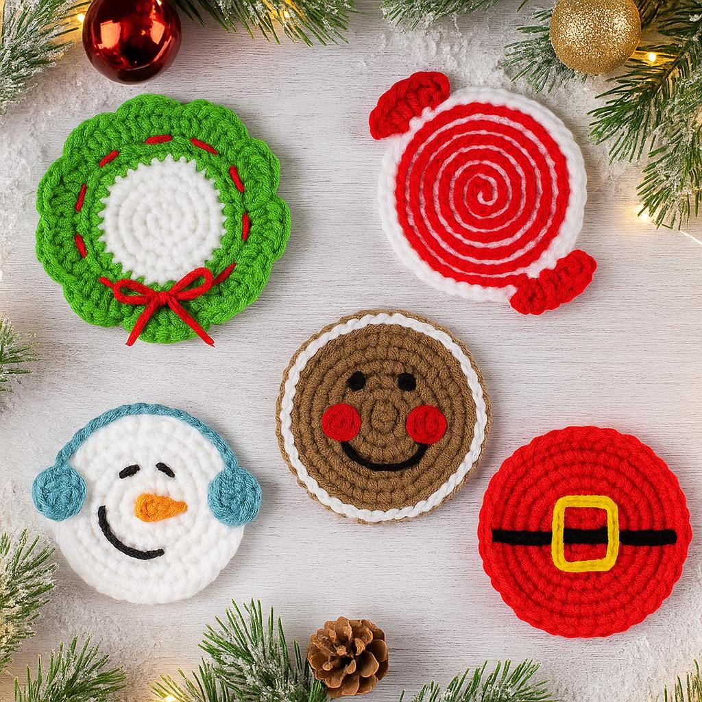 Christmas Coasters Crochet PDF :  Peppermint, Snowman, Gingerbread, Wreath, Ornament, Belt