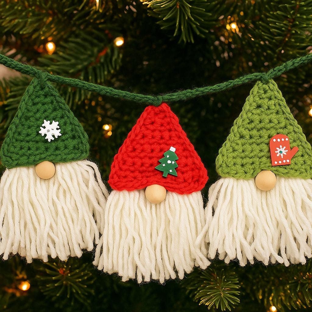 Christmas Crochet Gnome Ornament or Garland PDF Pattern : Fast Fringe Beard, Beginner