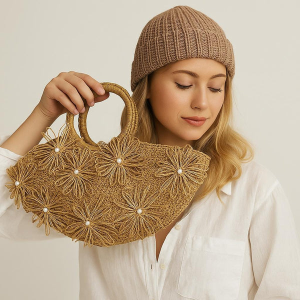 Paper Yarn Flower Handbag Crochet PDF Pattern : Covered Handles, Loom Flowers