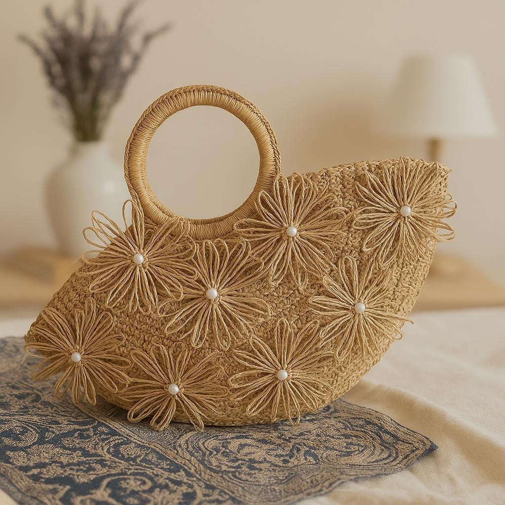 Paper Yarn Flower Handbag Crochet PDF Pattern : Covered Handles, Loom Flowers