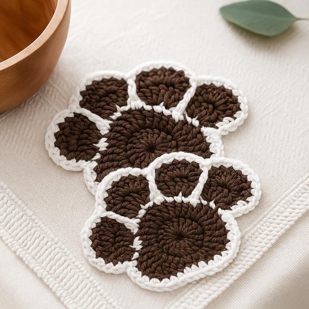 Paw Print Coaster Crochet Pattern PDF – Beginner Friendly, 2-Color, Magic Ring, Pet Lover Gift