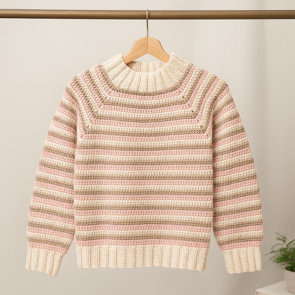 Striped Top-Down Raglan Sweater Crochet Pattern PDF : Rectangle Yoke, Size-Adjustable, 5.0 mm Hook, Beginner-Friendly