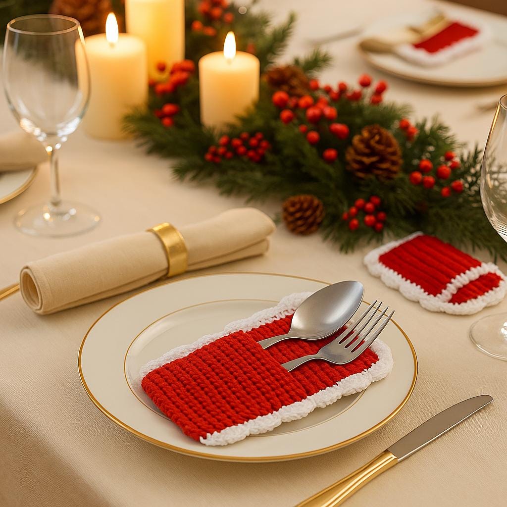 Christmas Herringbone Texture Cutlery Holder Crochet Pattern PDF : Holiday Table Sleeve