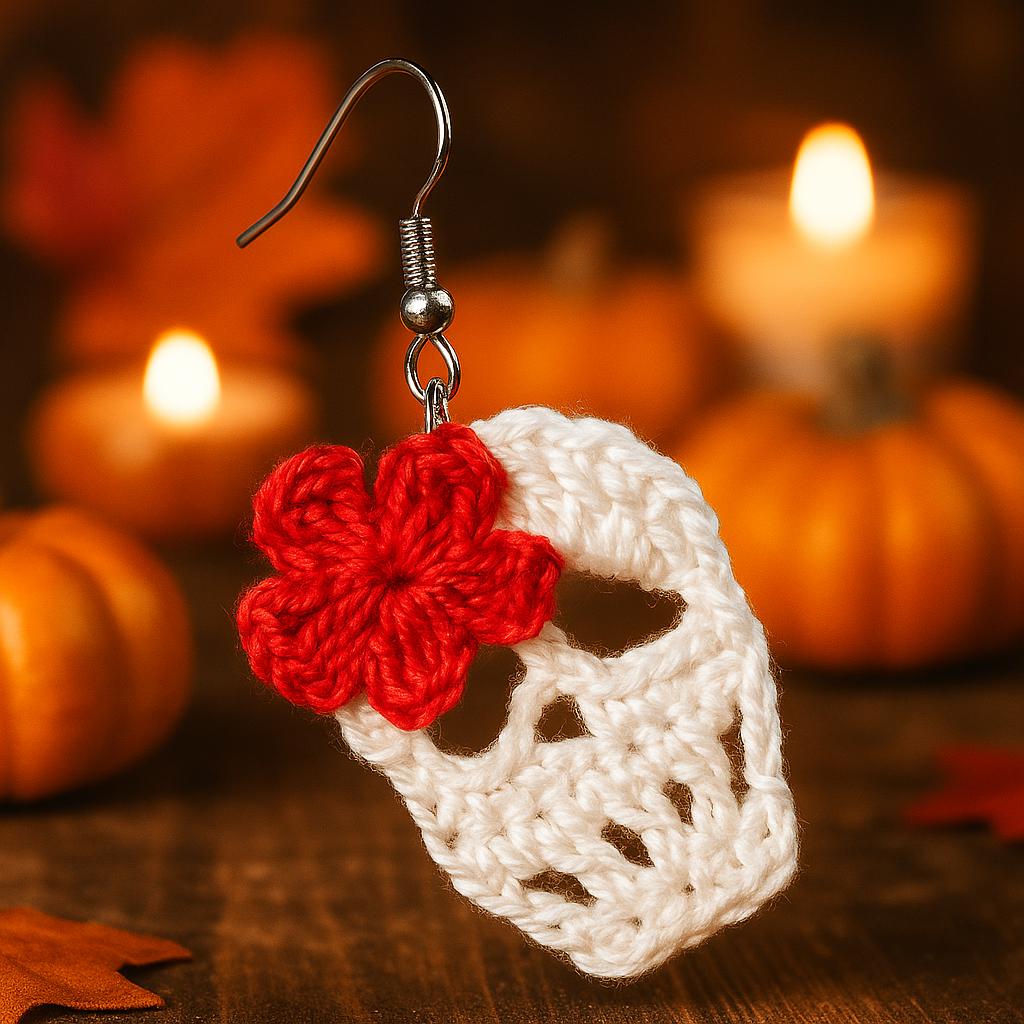 Mini  Skull Earrings Crochet Pattern PDF : Flower Accent, Halloween