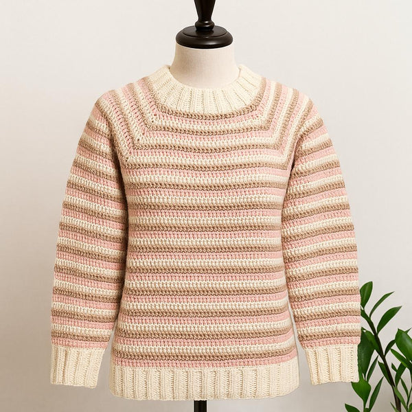 Striped Top-Down Raglan Sweater Crochet Pattern PDF : Rectangle Yoke, Size-Adjustable, 5.0 mm Hook, Beginner-Friendly