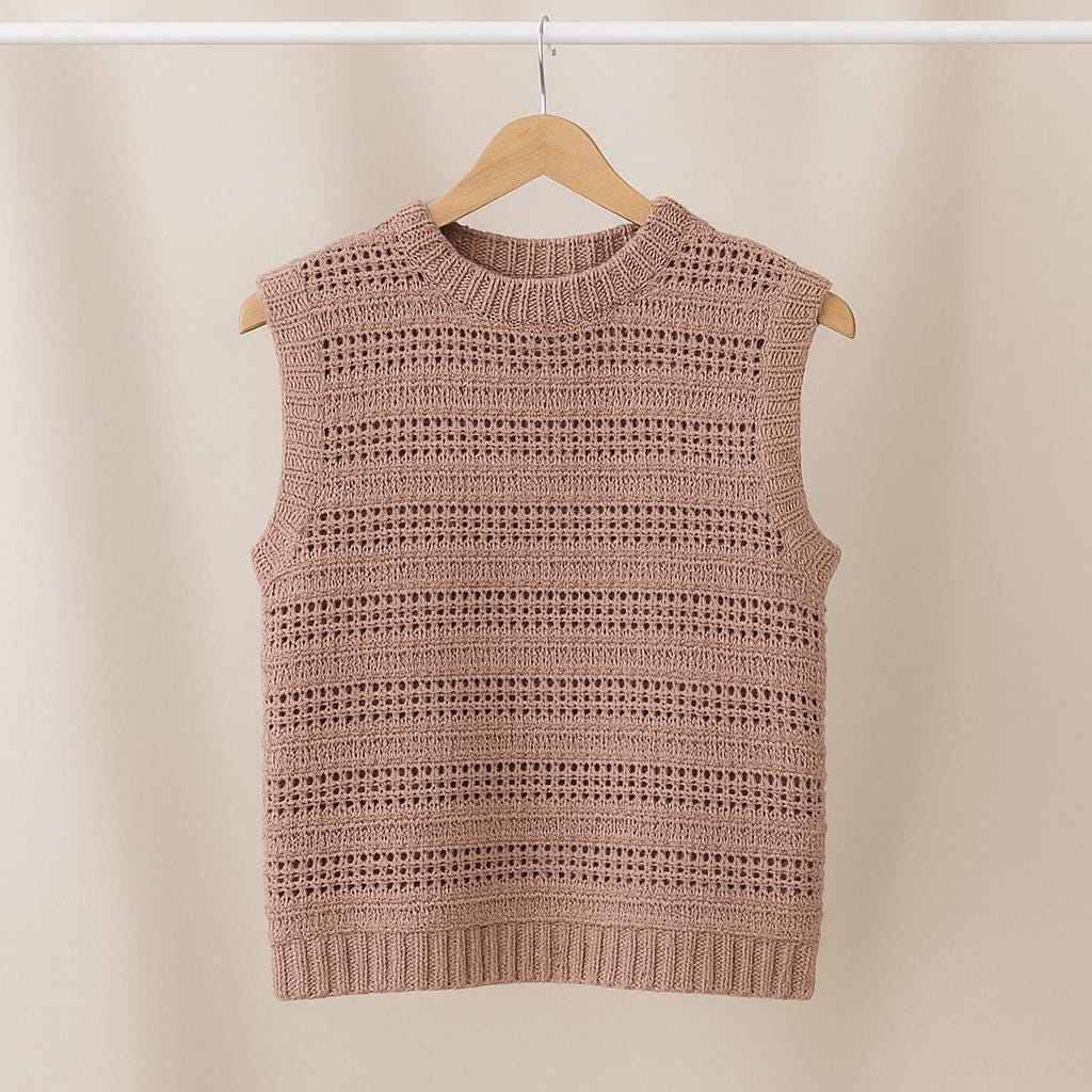 Sweater Crochet Pattern PDF : Modern Sleeveless Sweater, DC + Mesh, Vertical Rib Edges, XS–4XL