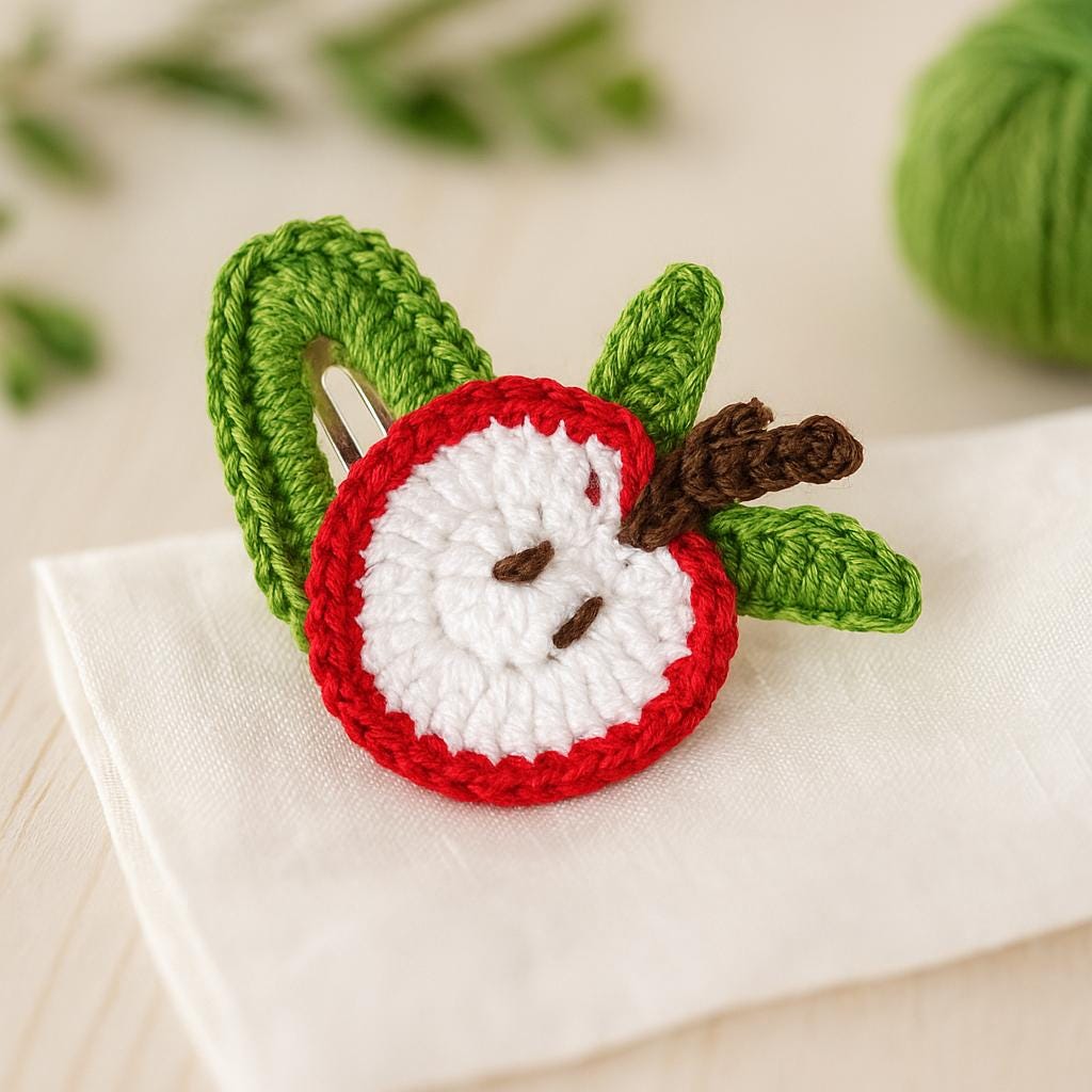 Crochet Apple Hair Clip Pattern PDF :  Fruit Hair Accessory Tutorial