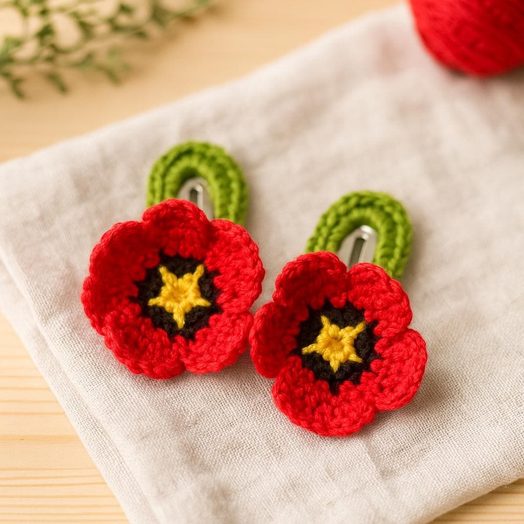 Poppy Flower Hair Clip Crochet Pattern PDF : Easy  Snap Hair Accessory
