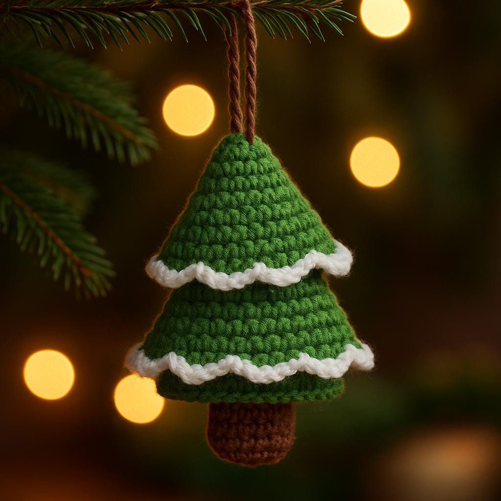 Crochet Christmas Tree Pattern with Snowy Edge and Trunk – 3D Tree Ornament, Gift Holder