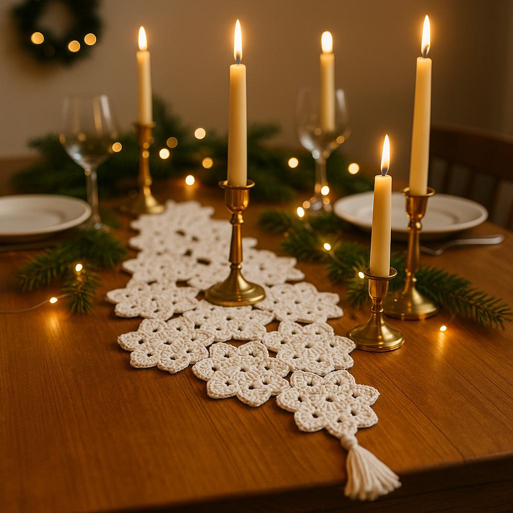 Snowfall Table Runner Crochet Pattern : Join-as-You-Go Snowflake Motifs with Tassels (PDF)