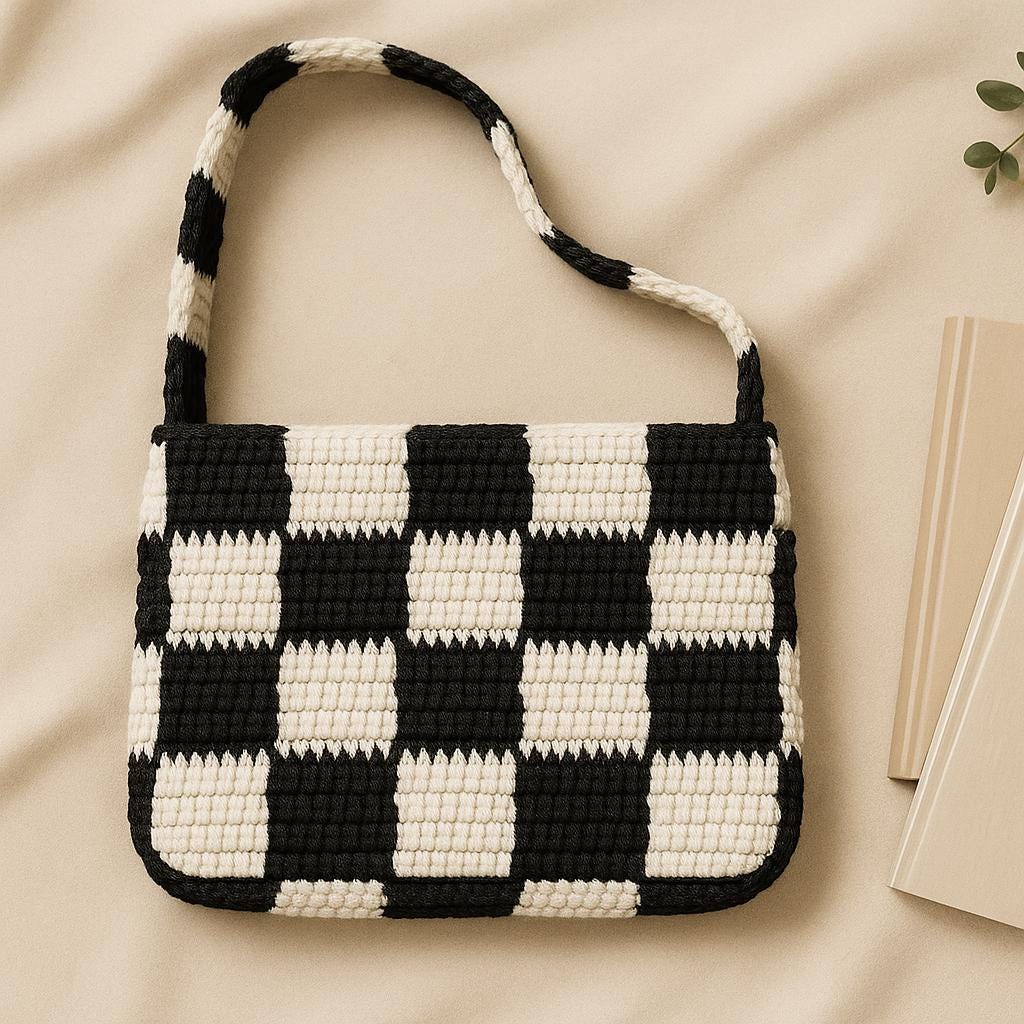 Checkered Bag PDF : Black & White Crochet Checkerboard Shoulder Bag, Strap Strip