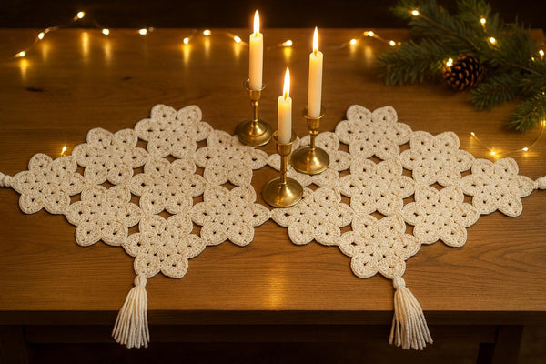 Snowfall Table Runner Crochet Pattern : Join-as-You-Go Snowflake Motifs with Tassels (PDF)