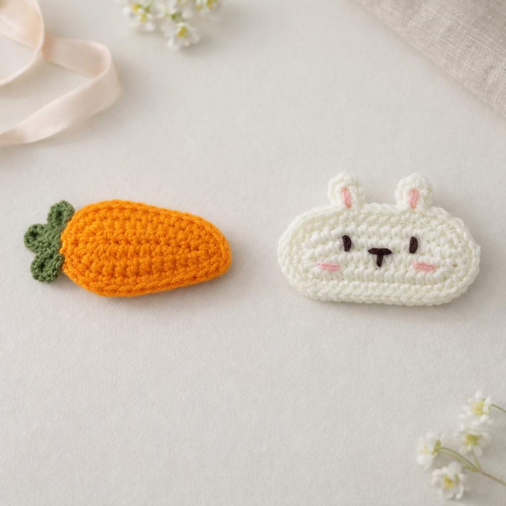 Bunny & Carrot Hair Clip Set : Crochet Appliqué PDF Pattern + Ribbon-Covered Snap Clip (Digital Download)
