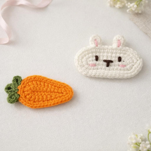 Bunny & Carrot Hair Clip Set : Crochet Appliqué PDF Pattern + Ribbon-Covered Snap Clip (Digital Download)