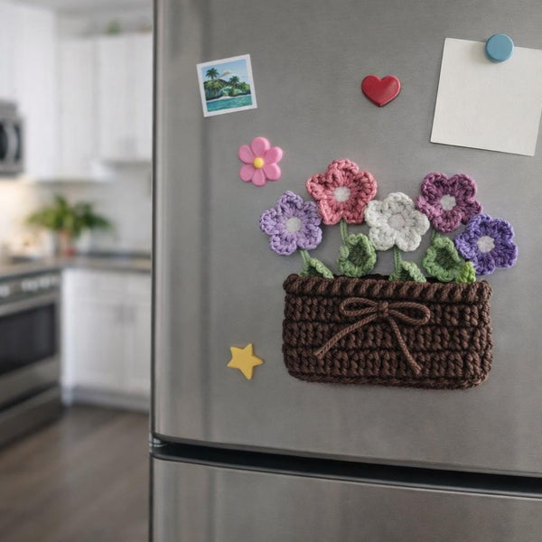 Crochet Floral Fridge Magnets Pattern PDF : 5 Flowers + Pot Set