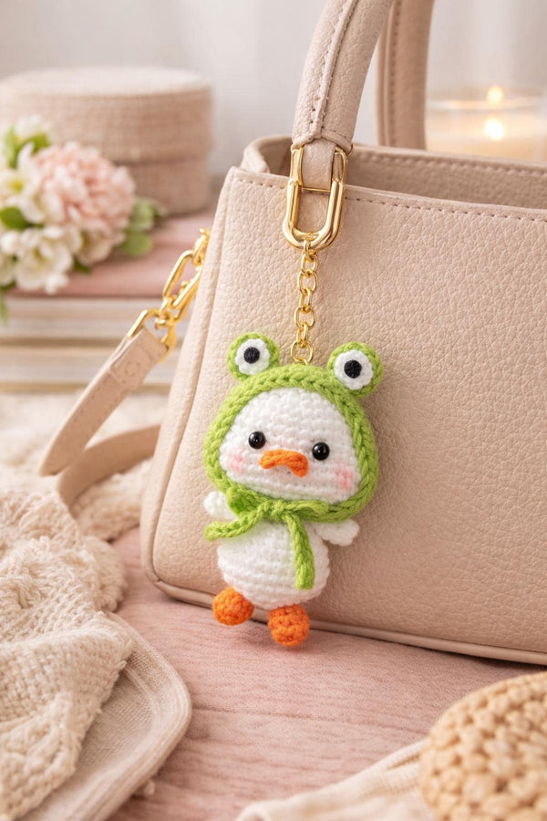 Crochet Mini Duck Keychain Pattern PDF: Amigurumi Duck Bag Charm, Frog Hat, Kawaii Plush