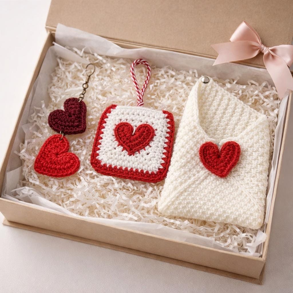 Crochet Heart Gift Set PDF: Keychain Bag Charm, Envelope Pouch,  Valentine Gift