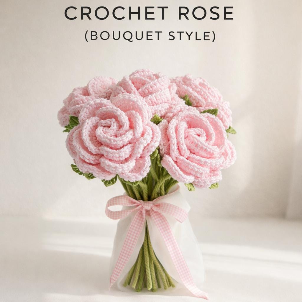 Rose Crochet Pattern PDF: Bouquet Flower DIY, Step by Step Instructions