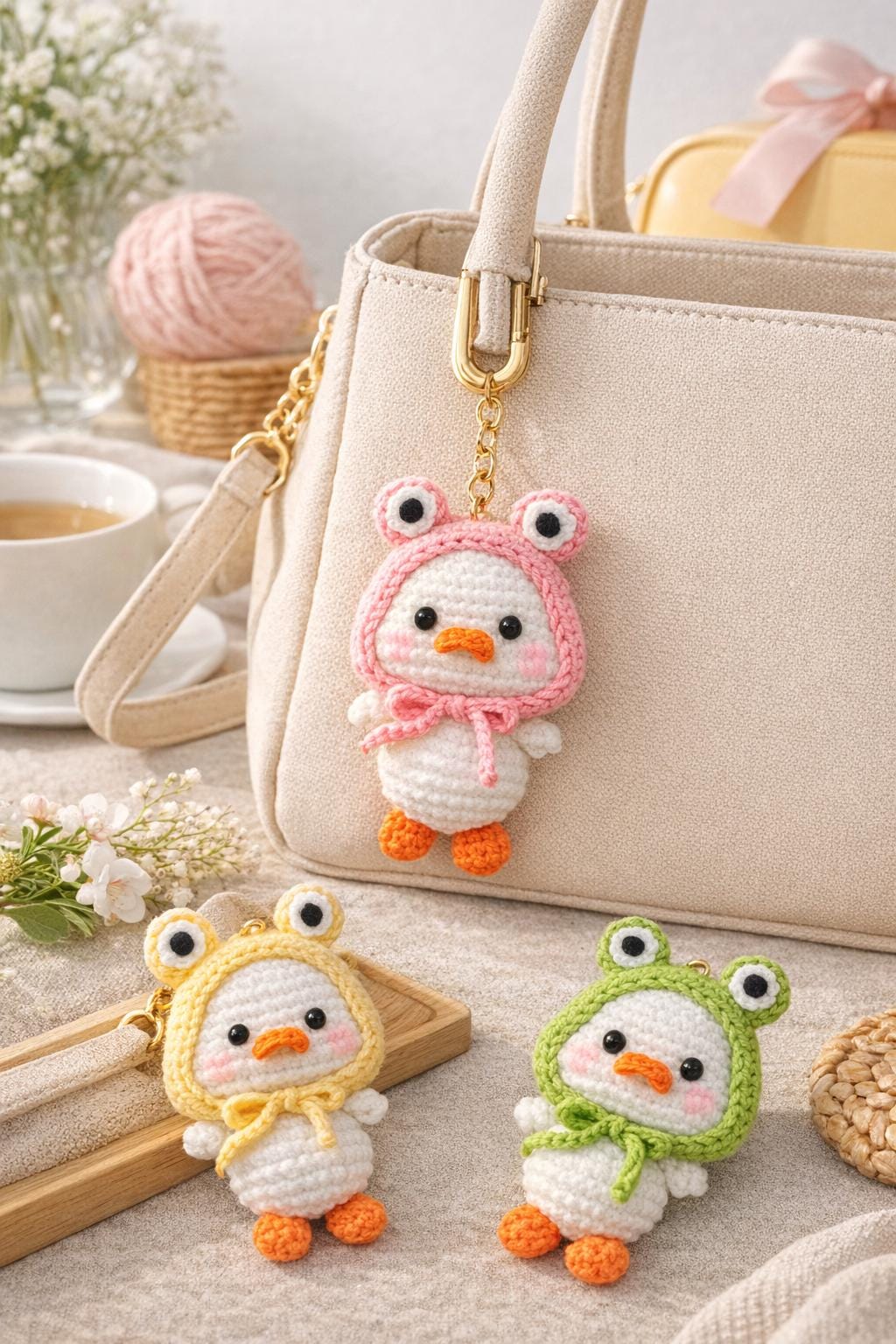 Crochet Mini Duck Keychain Pattern PDF: Amigurumi Duck Bag Charm, Frog Hat, Kawaii Plush