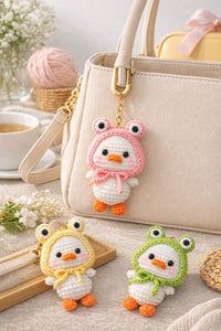 Crochet Mini Duck Keychain Pattern PDF: Amigurumi Duck Bag Charm, Frog Hat, Kawaii Plush