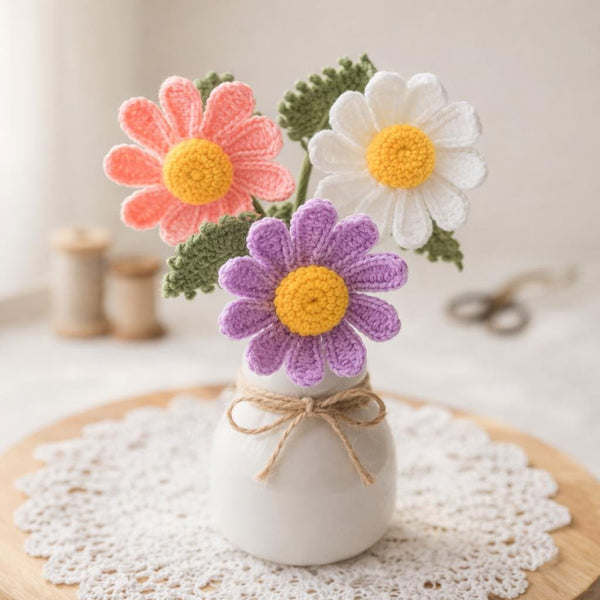 Daisy Crochet Pattern, Wired Stem & Leaf, Bouquet Flower Tutorial, Realistic Crochet, Instant PDF Download