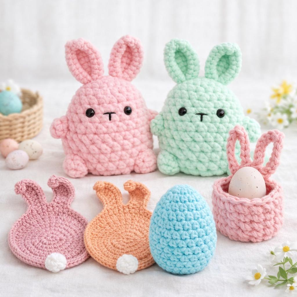 Easter Crochet Pattern Bundle: Bunny Plush, Coaster, Egg, Basket (PDF)