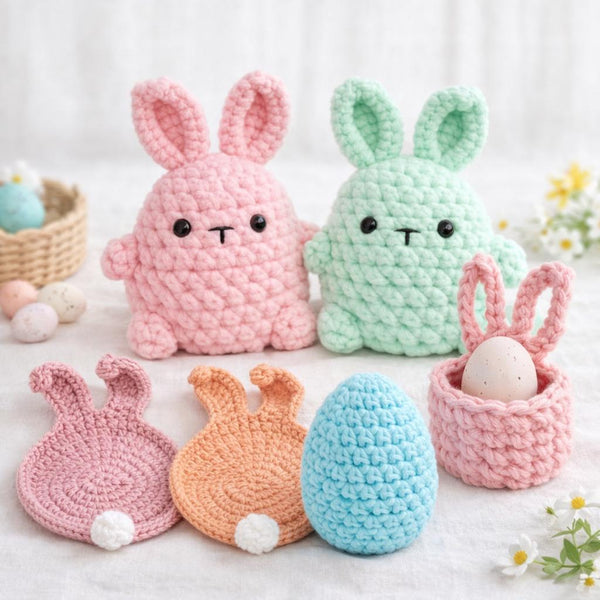 Easter Crochet Pattern Bundle: Bunny Plush, Coaster, Egg, Basket (PDF)