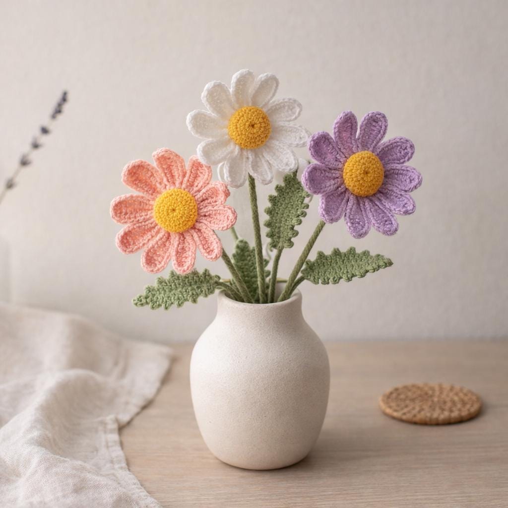Daisy Crochet Pattern, Wired Stem & Leaf, Bouquet Flower Tutorial, Realistic Crochet, Instant PDF Download